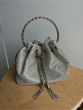 Silver Crystal Drawstring Handbag Clutch